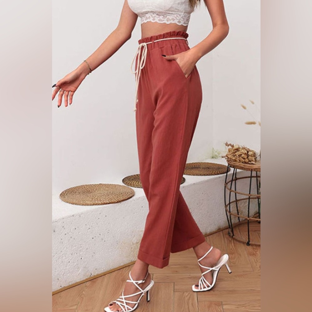 NWT Brick Color | Paper Bag Waist Wide Leg Cuffed Pants with Belt
